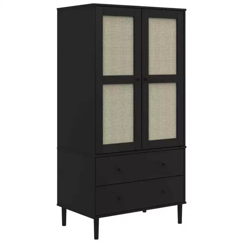 Wardrobe Storage Cabinet Cupboard Rattan Look Solid Wood Pine