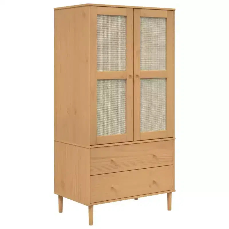 Wardrobe Storage Cabinet Cupboard Rattan Look Solid Wood Pine