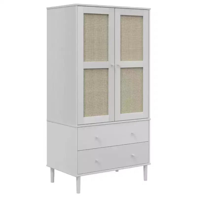 Wardrobe Storage Cabinet Cupboard Rattan Look Solid Wood Pine