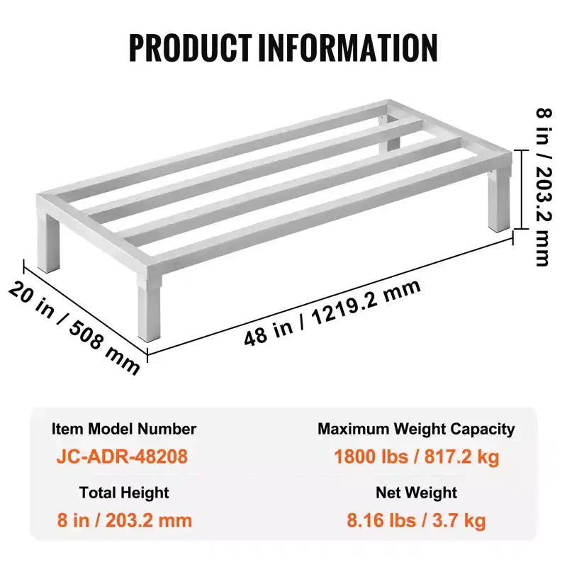 Aluminum Dunnage Rack, 48 x 20 Commercial Food Floor Rack, 8 Off the Floor, 1800 lbs Capacity All-Welded Aluminum Storage Rack