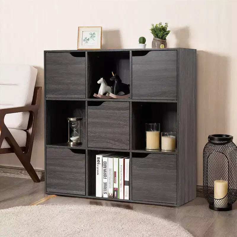 9 Cube Bookcase Cabinet Wood Bookcase Storage Shelves Room Divider Organization Gray/White