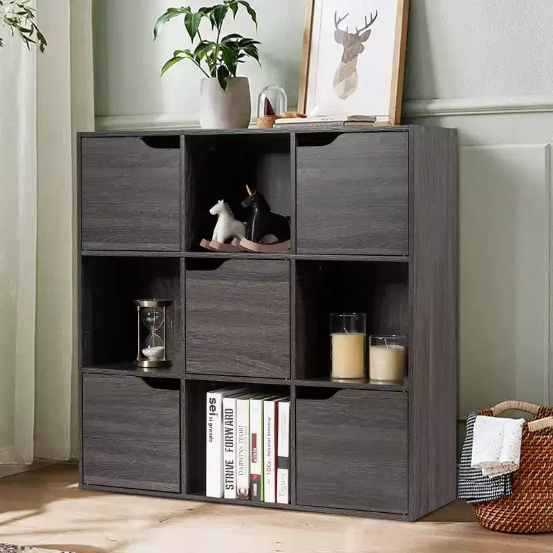 9 Cube Bookcase Cabinet Wood Bookcase Storage Shelves Room Divider Organization Gray/White