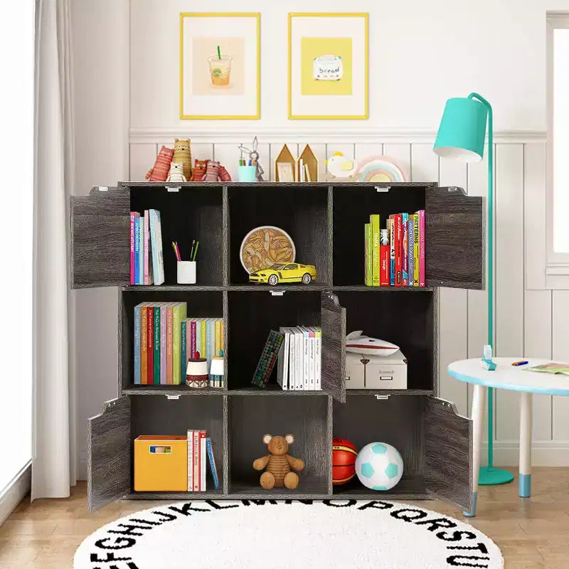 9 Cube Bookcase Cabinet Wood Bookcase Storage Shelves Room Divider Organization Gray/White