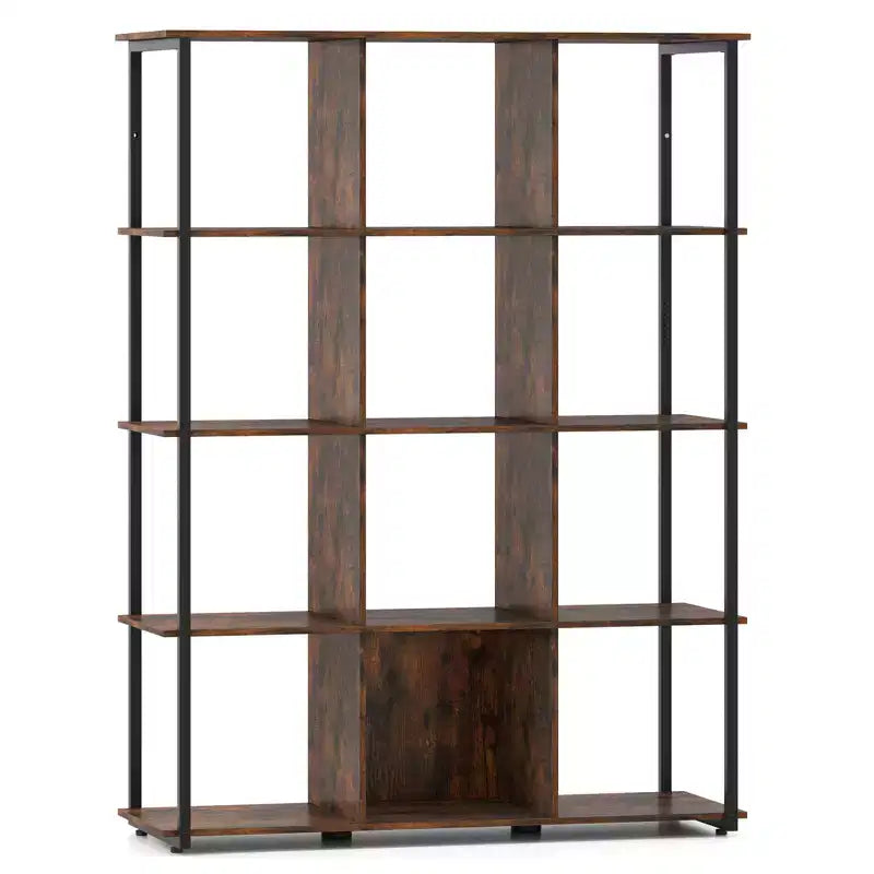 Libreria a 12 cubi, alta 57, autoportante, con scaffale e rastrelliera espositiva in stile industriale