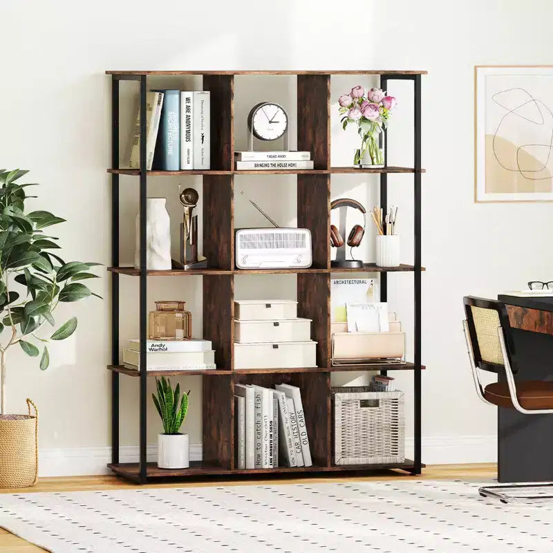 12-Cube Bookcase 57 Tall Freestanding Bookshelf Industrial Shelf Display Rack