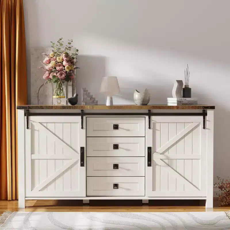 Toletta farmhouse da 60 con porta scorrevole stile fienile e 4 cassetti, mobile con cassetti per soggiorno, camera da letto e angolo caffè