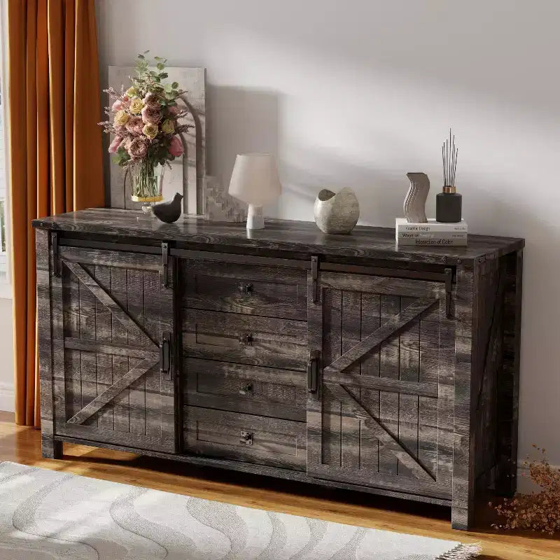 Toletta farmhouse da 60 con porta scorrevole stile fienile e 4 cassetti, mobile con cassetti per soggiorno, camera da letto e angolo caffè