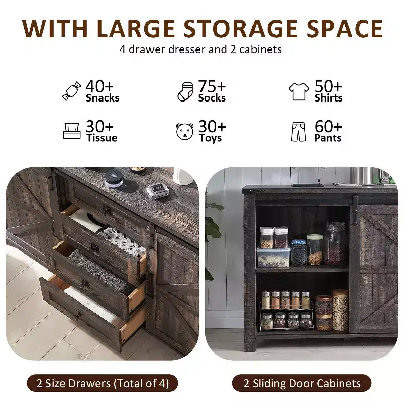 Toletta farmhouse da 60 con porta scorrevole stile fienile e 4 cassetti, mobile con cassetti per soggiorno, camera da letto e angolo caffè