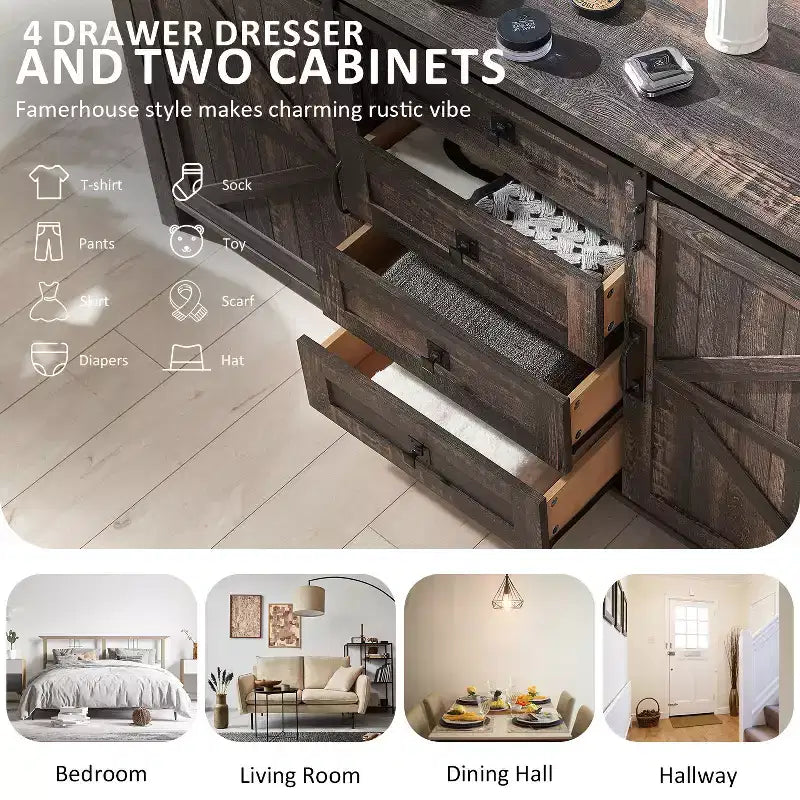 Toletta farmhouse da 60 con porta scorrevole stile fienile e 4 cassetti, mobile con cassetti per soggiorno, camera da letto e angolo caffè