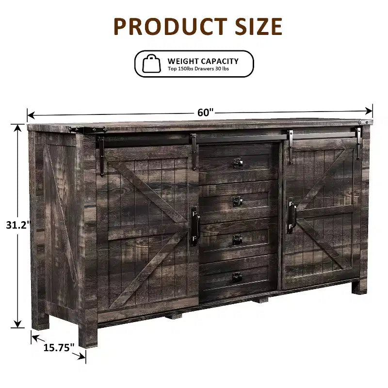Toletta farmhouse da 60 con porta scorrevole stile fienile e 4 cassetti, mobile con cassetti per soggiorno, camera da letto e angolo caffè