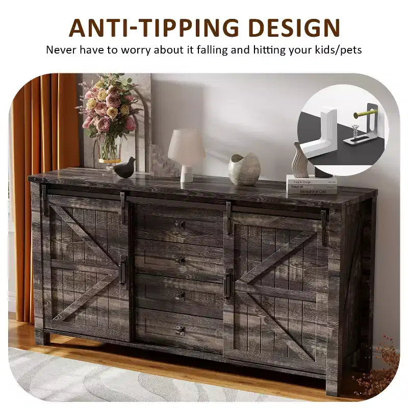 Toletta farmhouse da 60 con porta scorrevole stile fienile e 4 cassetti, mobile con cassetti per soggiorno, camera da letto e angolo caffè