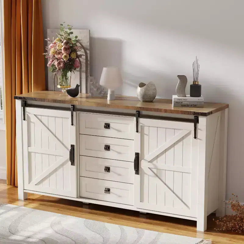 Farmhouse 60Dressing Table with Sliding Barn Door and 4 Drawers,Drawer Cabinet Living Room,Bedroom,Coffee Bar