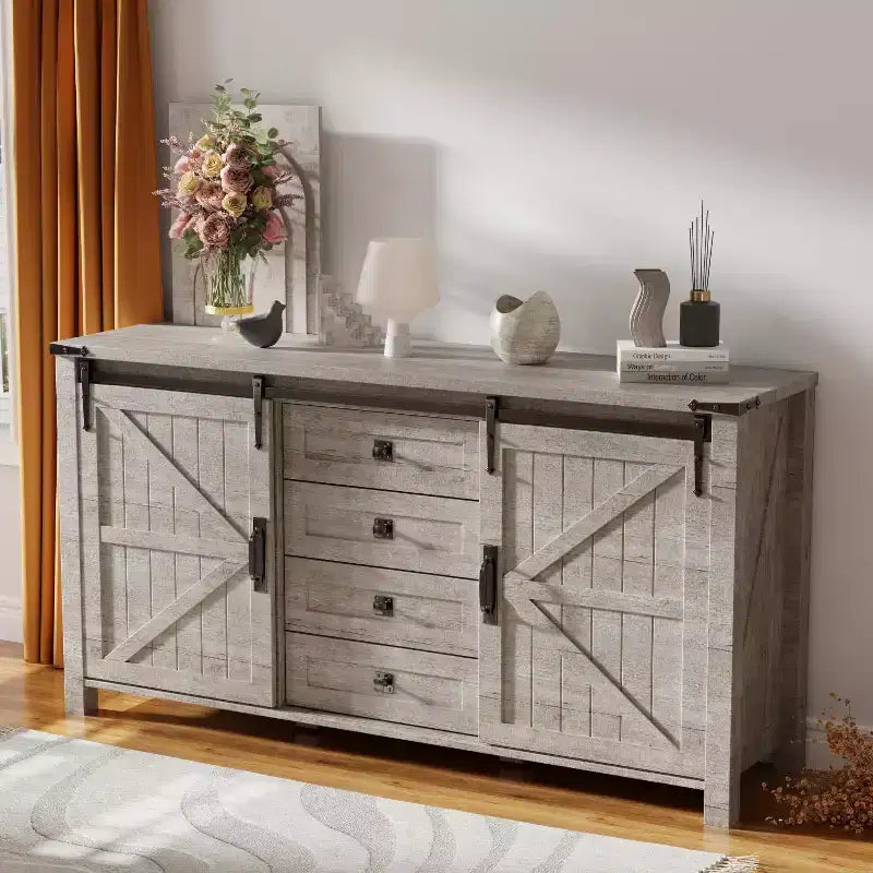 Toletta farmhouse da 60 con porta scorrevole stile fienile e 4 cassetti, mobile con cassetti per soggiorno, camera da letto e angolo caffè