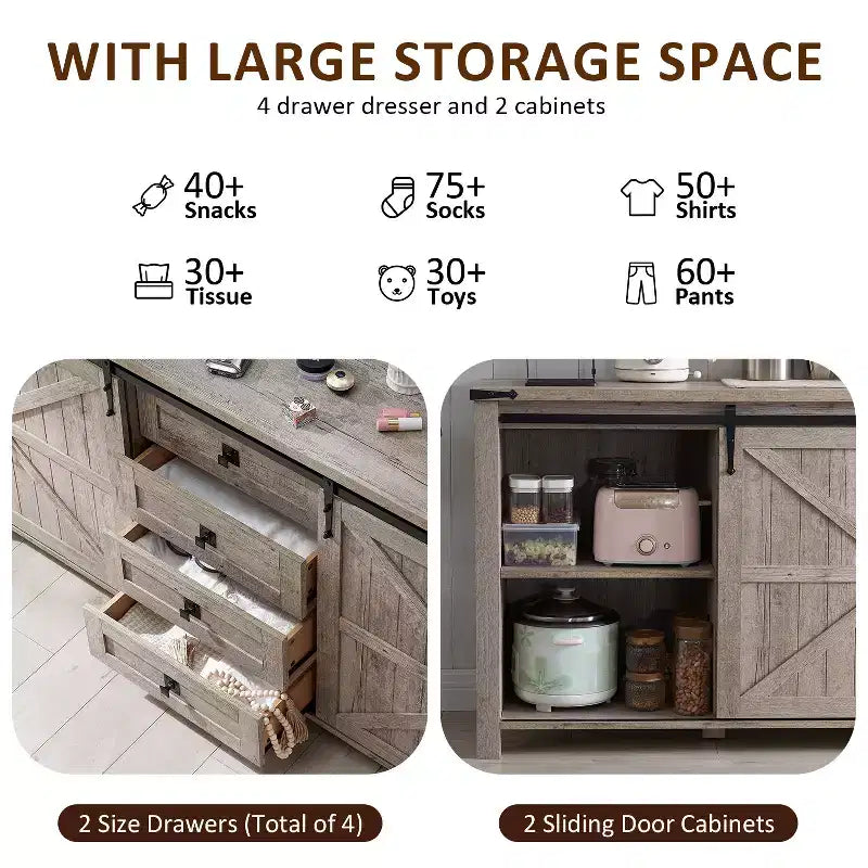 Toletta farmhouse da 60 con porta scorrevole stile fienile e 4 cassetti, mobile con cassetti per soggiorno, camera da letto e angolo caffè