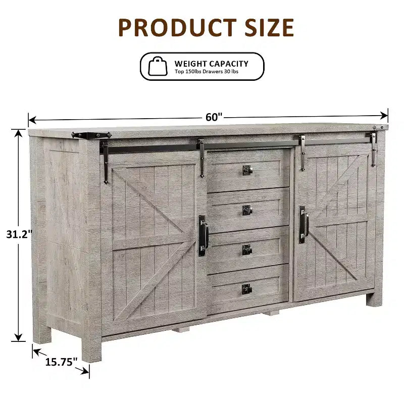 Toletta farmhouse da 60 con porta scorrevole stile fienile e 4 cassetti, mobile con cassetti per soggiorno, camera da letto e angolo caffè