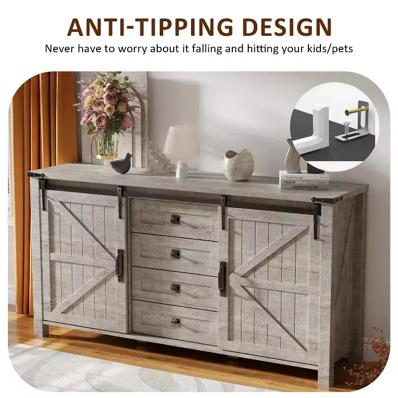 Toletta farmhouse da 60 con porta scorrevole stile fienile e 4 cassetti, mobile con cassetti per soggiorno, camera da letto e angolo caffè