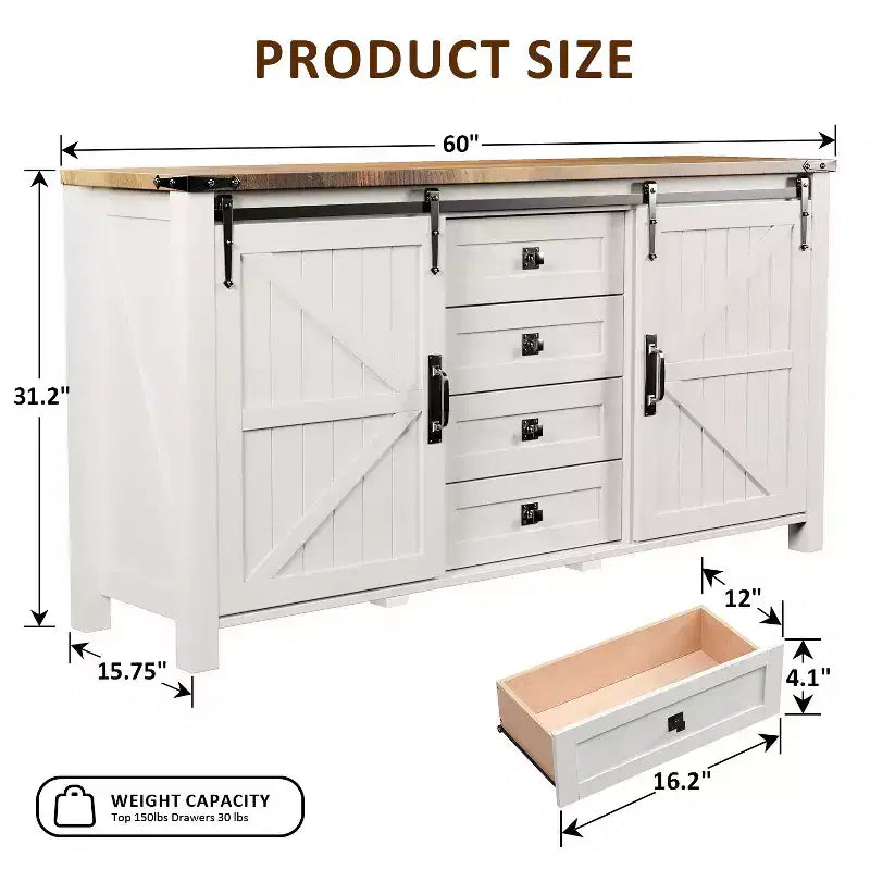 Toletta farmhouse da 60 con porta scorrevole stile fienile e 4 cassetti, mobile con cassetti per soggiorno, camera da letto e angolo caffè