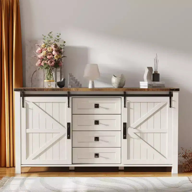 Farmhouse 60Dressing Table with Sliding Barn Door and 4 Drawers,Drawer Cabinet Living Room,Bedroom,Coffee Bar