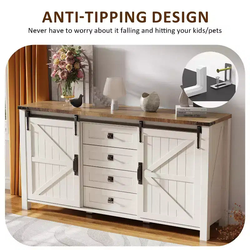 Toletta farmhouse da 60 con porta scorrevole stile fienile e 4 cassetti, mobile con cassetti per soggiorno, camera da letto e angolo caffè