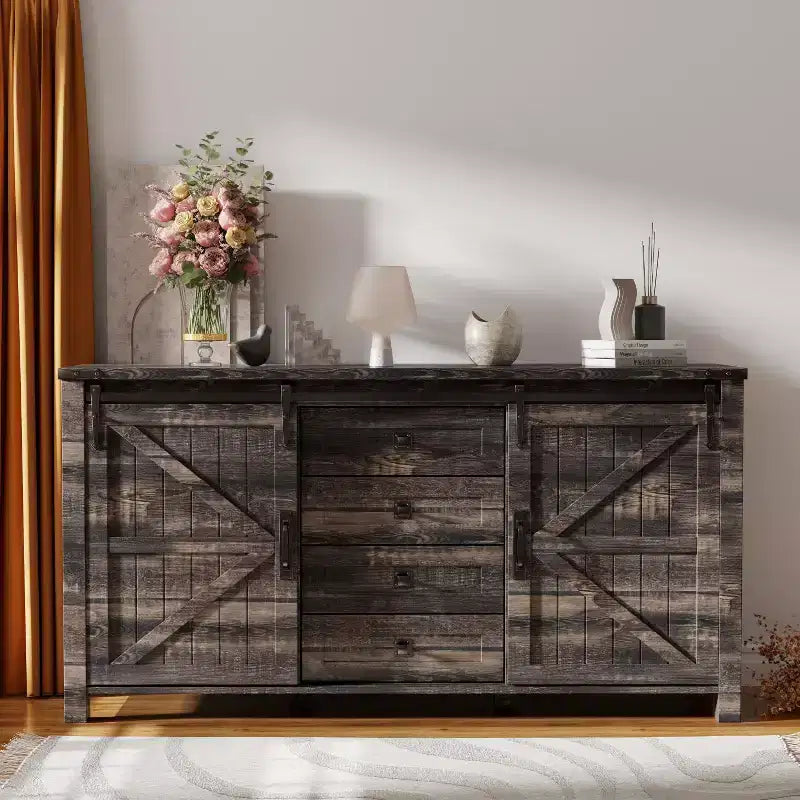 Farmhouse 60Dressing Table with Sliding Barn Door and 4 Drawers,Drawer Cabinet Living Room,Bedroom,Coffee Bar
