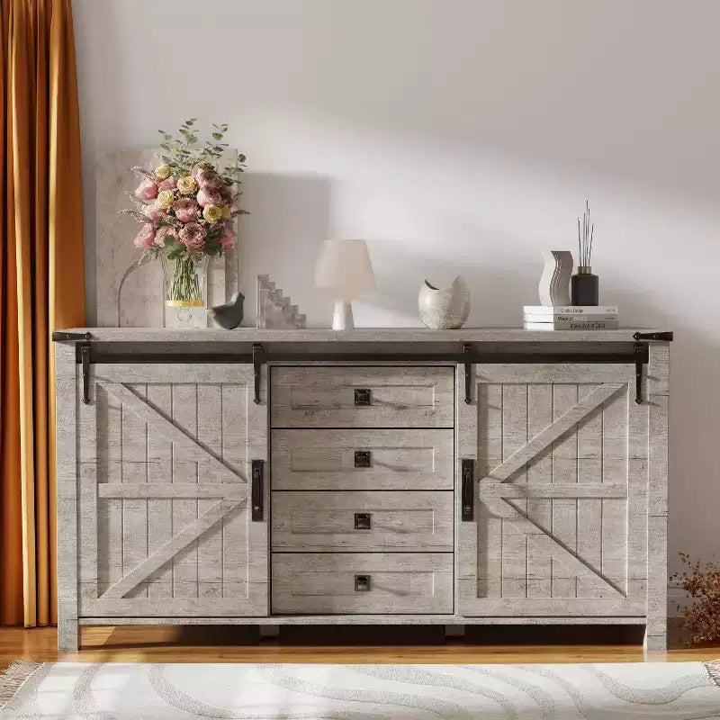Farmhouse 60Dressing Table with Sliding Barn Door and 4 Drawers,Drawer Cabinet Living Room,Bedroom,Coffee Bar