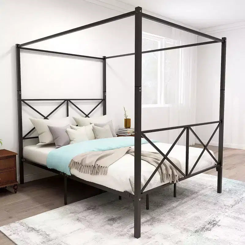 Metal Canopy Bed Frame, Platform Bed Frame Queen with X Shaped Frame Queen Black