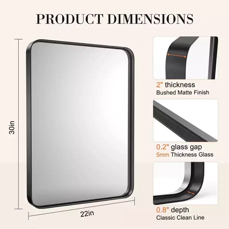 Aluminum Alloy Bathroom Mirror 30x22 Inch, Tempered Glass Wall Mirror with Anti-Rust Frame, Black