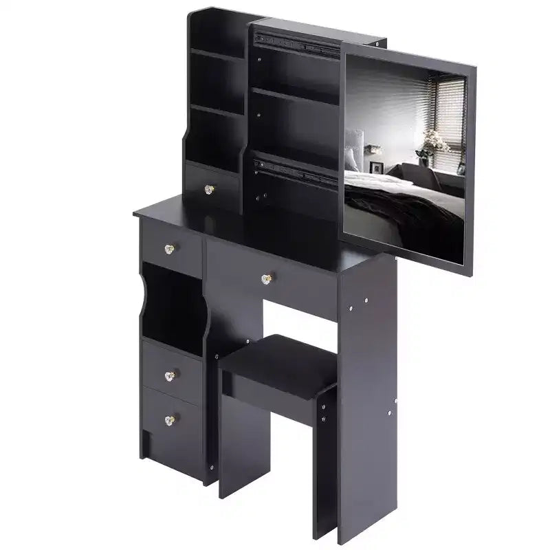 Set di tavolino da toeletta e sgabello con cassettino a sinistra da 29.2, toletta con specchio scorrevole extra-large sensibile al tocco, nera