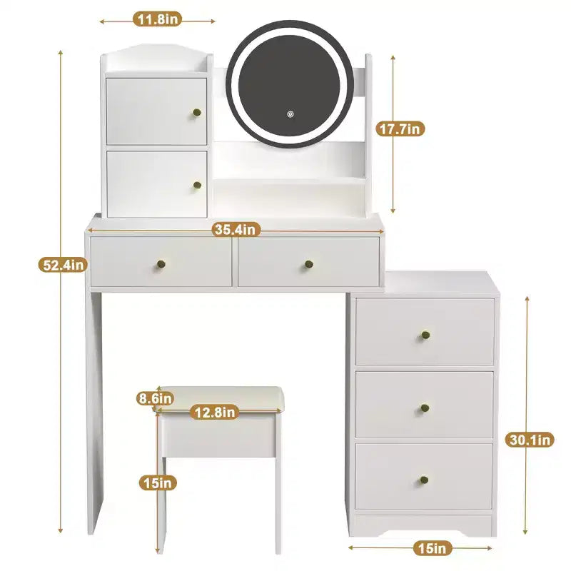 Vanity Table with Right Drawers and Lights for Makeup and Cushioned Chair,Vanity Desk with Lights and Table Set with 3 Color Lighting,White