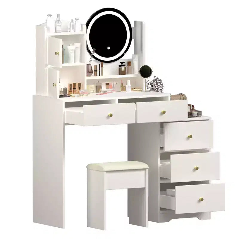 Vanity Table with Right Drawers and Lights for Makeup and Cushioned Chair,Vanity Desk with Lights and Table Set with 3 Color Lighting,White