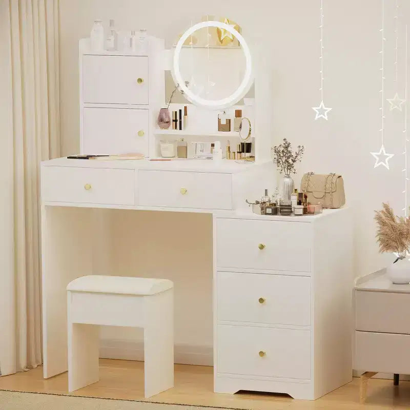 Vanity Table with Right Drawers and Lights for Makeup and Cushioned Chair,Vanity Desk with Lights and Table Set with 3 Color Lighting,White