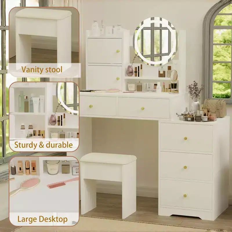 Vanity Table with Right Drawers and Lights for Makeup and Cushioned Chair,Vanity Desk with Lights and Table Set with 3 Color Lighting,White