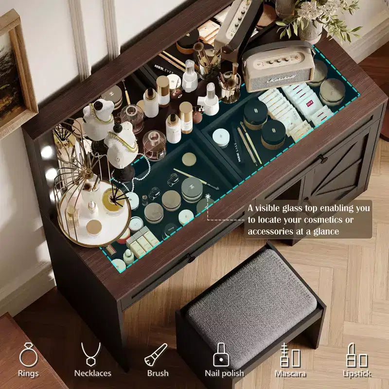 Tavolo da toeletta con grande specchio, tavolino da trucco con piano in vetro trasparente e 3 cassetti per appartamento/camera da letto