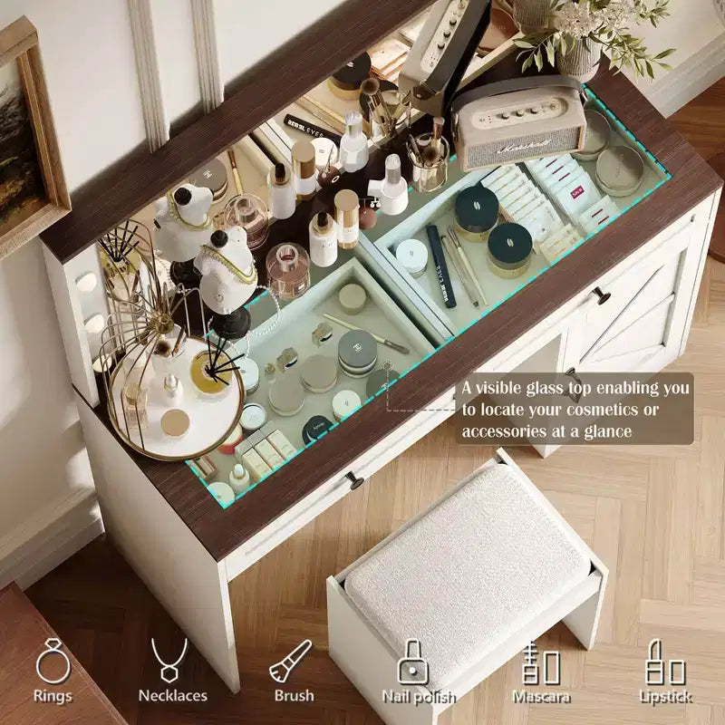 Tavolo da toeletta con grande specchio, tavolino da trucco con piano in vetro trasparente e 3 cassetti per appartamento/camera da letto