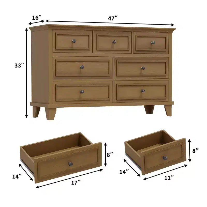7 Drawer Dresser, Large Wooden Chest of Drawers with Metal Handles, Storage Dresser TV Stand for Bedroom Living Room Entryway
