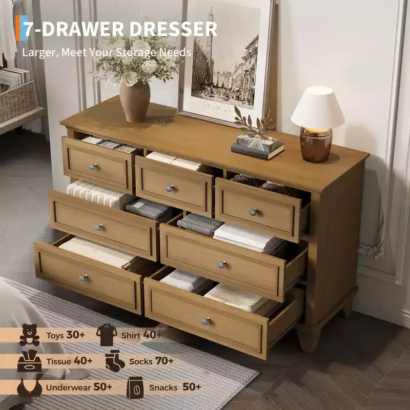 7 Drawer Dresser, Large Wooden Chest of Drawers with Metal Handles, Storage Dresser TV Stand for Bedroom Living Room Entryway