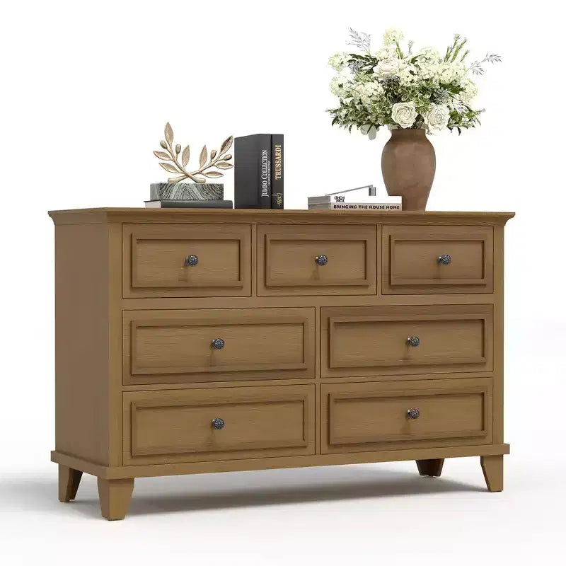 7 Drawer Dresser, Large Wooden Chest of Drawers with Metal Handles, Storage Dresser TV Stand for Bedroom Living Room Entryway