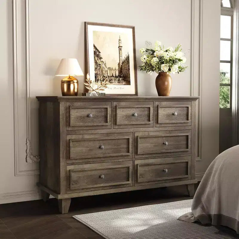 7 Drawer Dresser, Large Wooden Chest of Drawers with Metal Handles, Storage Dresser TV Stand for Bedroom Living Room Entryway