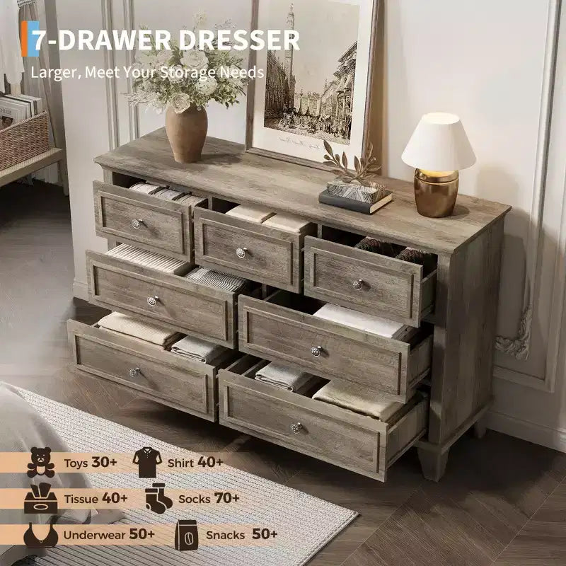 7 Drawer Dresser, Large Wooden Chest of Drawers with Metal Handles, Storage Dresser TV Stand for Bedroom Living Room Entryway