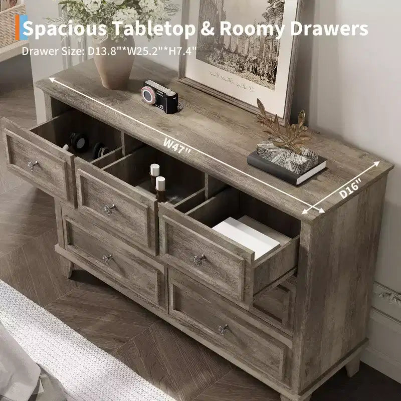 7 Drawer Dresser, Large Wooden Chest of Drawers with Metal Handles, Storage Dresser TV Stand for Bedroom Living Room Entryway