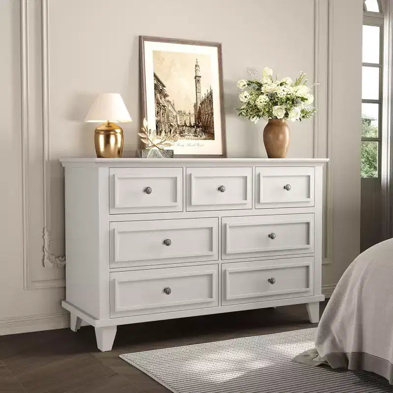 7 Drawer Dresser, Large Wooden Chest of Drawers with Metal Handles, Storage Dresser TV Stand for Bedroom Living Room Entryway
