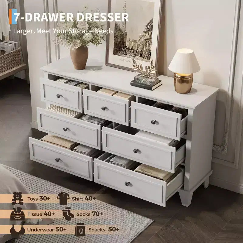 7 Drawer Dresser, Large Wooden Chest of Drawers with Metal Handles, Storage Dresser TV Stand for Bedroom Living Room Entryway