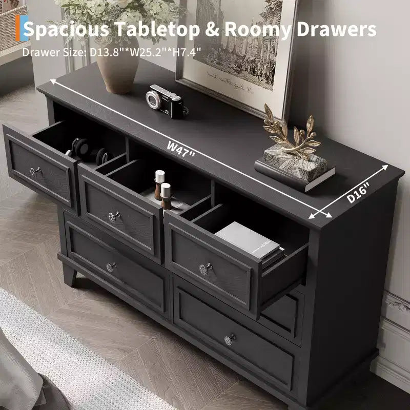 7 Drawer Dresser, Large Wooden Chest of Drawers with Metal Handles, Storage Dresser TV Stand for Bedroom Living Room Entryway
