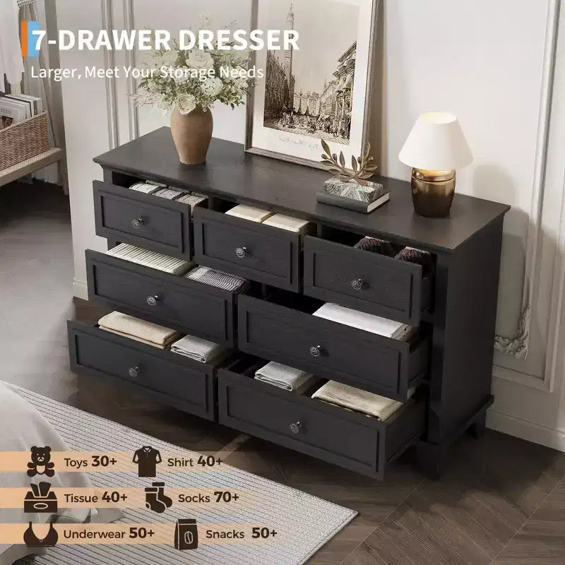7 Drawer Dresser, Large Wooden Chest of Drawers with Metal Handles, Storage Dresser TV Stand for Bedroom Living Room Entryway
