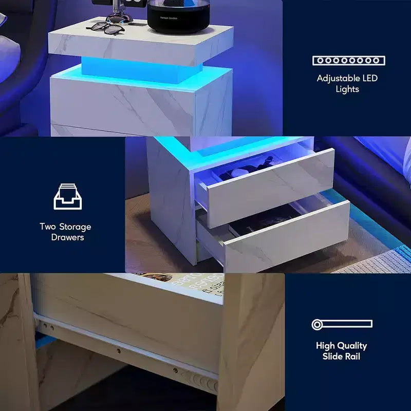 Nowoczesna szafka nocna z 2 szufladami i oświetleniem LED, szafka przyłóżkowa do sypialni i salonu