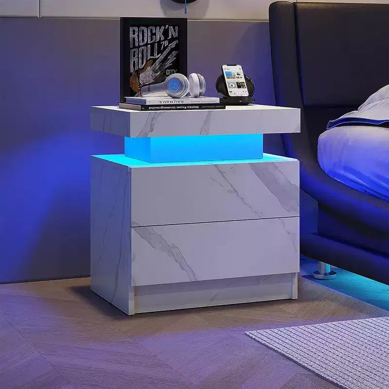 Nowoczesna szafka nocna z 2 szufladami i oświetleniem LED, szafka przyłóżkowa do sypialni i salonu