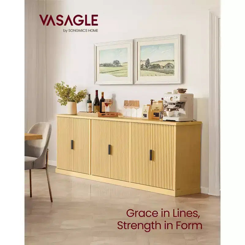 Credenza, mobile da cucina, mobile contenitore con ripiano regolabile, ante scanalate, stile di transizione, beige rovere