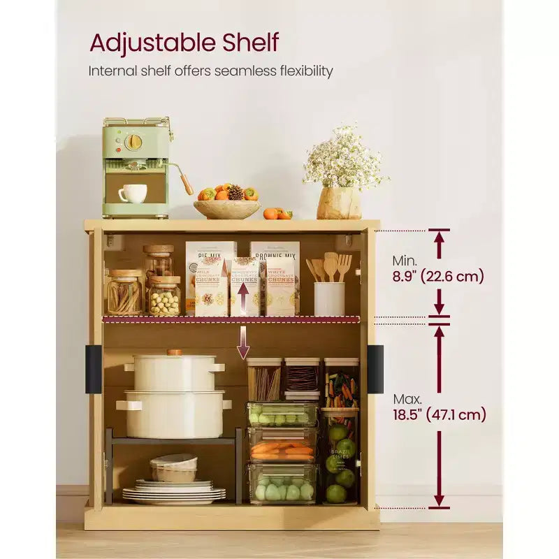 Credenza, mobile da cucina, mobile contenitore con ripiano regolabile, ante scanalate, stile di transizione, beige rovere