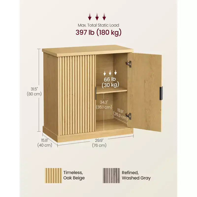 Credenza, mobile da cucina, mobile contenitore con ripiano regolabile, ante scanalate, stile di transizione, beige rovere