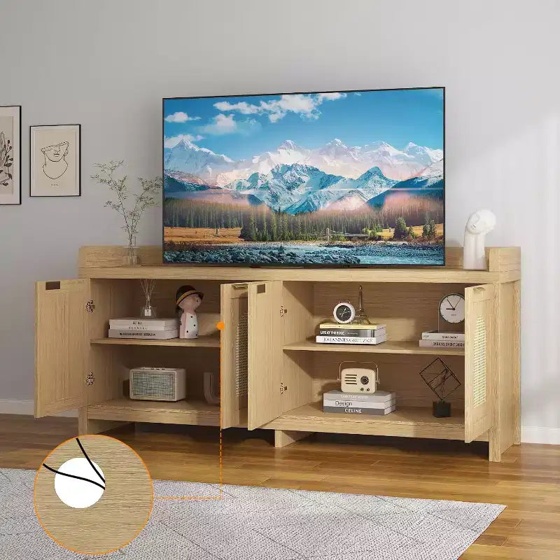 TV Stand for 65 Inch TV, Wood Entertainment Center with Glass Door Storage Cabinet, Console Table for TV for Living Room Bedroom